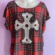 CATO Red/Black Plaid Top Sleeveless Cross Embellishment Size 14/16