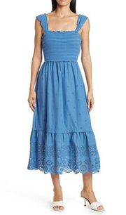 Betsey Johnson Smocked Embroidered Eyelet Midi Dress Eyelet Size M