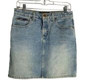 Vintage 90s LEI Denim Mini Jean Skirt 5 Med Wash 5 Pocket Button Zip Belt Loops