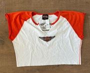 harley davidson orange white slit crop top tee shirt