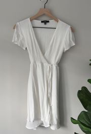 Wrap Dress Solid White Split Flutter Sleeve Rayon Polyester Layered V-Neck