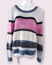 Caslon V-Back Knit Sweater Striped Pullover, Red Cream Grey Black Size L