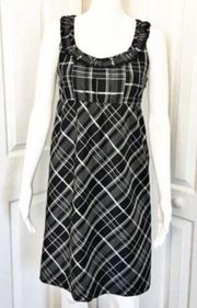 FOSSIL Black White Plaid 100% SILK Sleeveless Empire Waist Shift Dress Medium