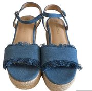 Blue Denim Straw Wedge Sandals Size 6.5