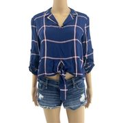 BCBGeneration (M) Navy Blue Long Roll Tab Sleeve Plaid Knot Tie Crop Top Womens