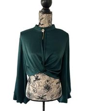 GRACIA Green Satin Bell Sleeve Crop Top Size Small