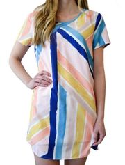 Mara Tee Multicolored Abstract Short Sleeve Mini Dress Pink Blue XS