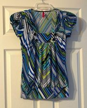 Heart Soul Blue, Green, Black, White Stripe Button Detail Blouse Small