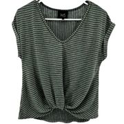W5 Pinstriped T Shirt Drop Sleeve Twist Front Hem Pullover Casual Green Small