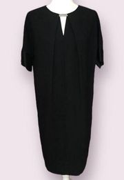 Brooks Brothers Black Shift Dress Size 8 Peekaboo Neck Satin Sleeve MSRP $268