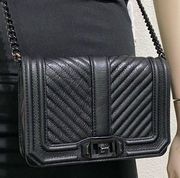 REBECCA MINKOFF Chevron Quilted Small Turn Lock Love Black Leather Crossbody Bag