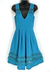 Badgley Mischka Belle Linen Fringe Dress Crochet Size 0 Aqua Marine Blue