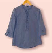 Womens Blouse Blue Chambray Denim Ruffle Front Button Roll Up Sleeve Medium