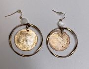 Hoop Dangling Earrings Twisted Hammered Gold-tone/Bronze Hoop w/ Capiz Disc EUC