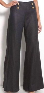LAFAYETTE 148 NY | Black Linen Wide Leg Sailor Button Trouser Pants | Size 2