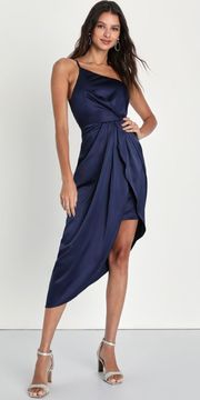 Lulus Law of Attraction Navy Blue One-Shoulder Asymmetrical Midi Dress