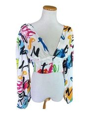 NWT Womens Love X Design Grafitti Chic Scribble Print Balloon Sleeve Crop Top L