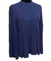 Ariat Navy Blue Floral Lace Peplum Flared Sleeve Blouse Size Medium