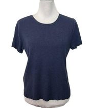 Peruvian Connection Knit Short Sleeves Top Blue Pima Cotton Scalloped Hem Size L