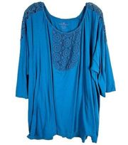 Woman Within Plus Size 2X 26W 28W Top Blue Lace Cotton Knit Crochet 1201