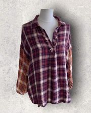 Democracy Red Brown Plaid Peplum Raw Hem Long Sleeve shirt NWOT