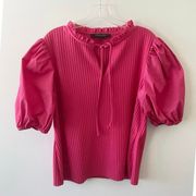 Marc New York Hot Pink Ribbed Poplin Exaggerated Puff Sleeve Blouse SZ L