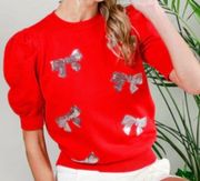 Vine & Love women's red bow sequin crew neck sweater size Small NEW