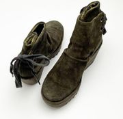 FLY LONDON Yama Olive Green Suede Back Lace Platform Wedge Ankle Booties