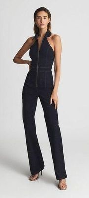 Reiss Pennie Denim Halter Jumpsuit Wide Leg Neck Open Back Indigo Size 6