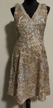 EUC Belle Badgley Mischka Silver and Gold Sequin Dress size 12