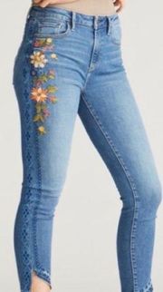 Driftwood Jackie High Rise Floral Embroidered Distressed Skinny Tulip Hem Jeans