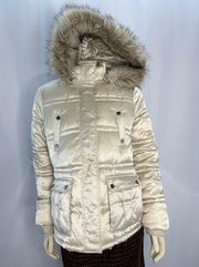 Esprit puffer with removable fur hood fleece lined jacket in cream size medium