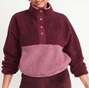 Red Lacquer Long-Sleeve Oversized Two-Tone Sherpa Sweatshirt - S