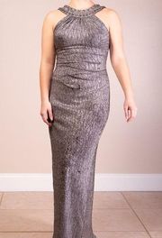 Silver Metallic Beaded Embellished Evening Gown Maxi Dress 0 XS DAMAGED