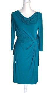 Teal Faux Wrap Cowl Neck 3/4 Sleeve Stretchy Sheath Dress