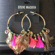 Steve Madden Gold Hoops w crystals fringe feathers