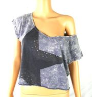 Hybrid Apparel Star Studded Acid Wash Crop Top Cap Sleeve Tee T Shirt Distressed