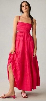 Anthropologie Let Me Be Cutout Tiered Dress Open Back Maxi Hot Pink Extra-Small