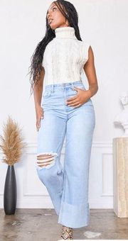 YMI Dixie Wide Leg Rip Jean in Q Celeste Blue Rips