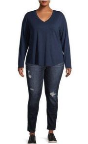 Terra & Sky Women's Plus Size V-Neck T-Shirt Long Sleeves 2X 16W-18W navy blue