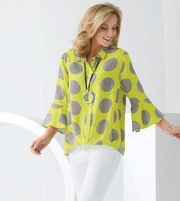 Multiples In The Round Geometric Front Gather Bell Sleeve Button Down Shirt S