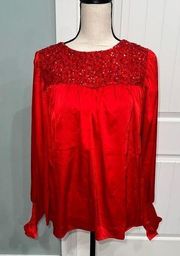 Vine & Love Boutique Red sequins detail satin blouse size small