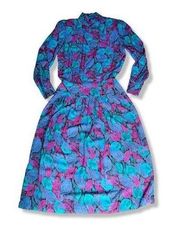 Vintage Sz 10 Patty O'Neil by Monique Robidoux Leaf Midi Dress Shoulder Pads