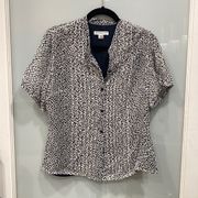 Pendleton Women's Petite Blue White 100% Silk Short Sleeve Top Blouse Sz 14