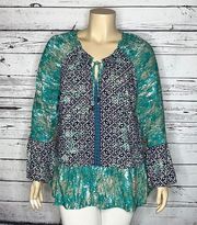 Lee Size 1X Blue Printed Long Sleeve Keyhole Peasant Blouse Top