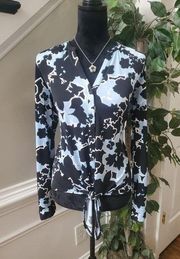 Dana Buchman Women Black Floral Polyester V-Neck Long Sleeve Button Down Shirt S