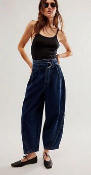 Amsterdam Ultra High Rise Belted Pleated Barrel Jeans Dark Indigo