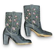 Seychelles Floral Embroidered Western Cowboy Black Leather Boots Women's Size 6