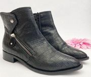 Napoleoni Italy Croc Embossed Leather Moto Zip Ankle Boots: Black