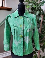 JM Collection Women Green Floral 100% Linen Long Sleeve Buttons Front Jacket 6P